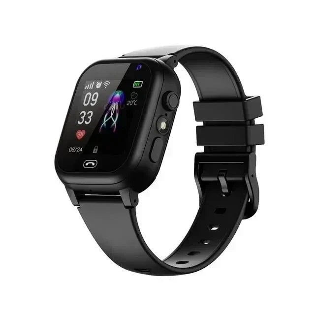 All-black smartwatch with silicone strap, angled view on a white background 2