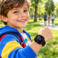 Smiling boy in a blue hoodie wears the black smartwatch on his wrist in a sunny park 1