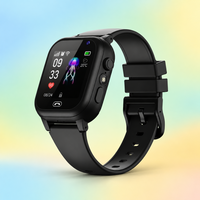 Black silicone-strap kids' smartwatch angled on a pastel rainbow background, jellyfish watch face lit on the screen 1