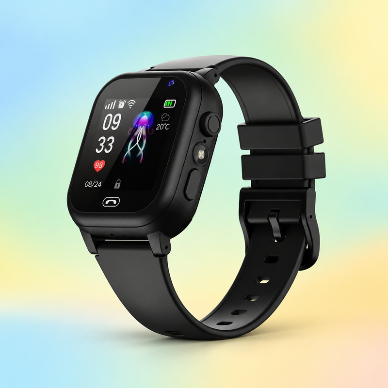 Black silicone-strap kids' smartwatch angled on a pastel rainbow background, jellyfish watch face lit on the screen 1