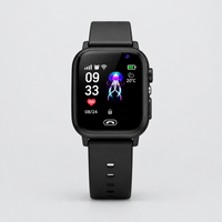 Black smartwatch viewed straight on against a plain grey background, jellyfish watch face and strap holes visible 7