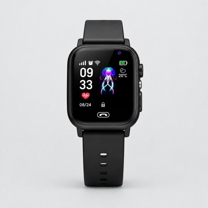 Black smartwatch viewed straight on against a plain grey background, jellyfish watch face and strap holes visible 7