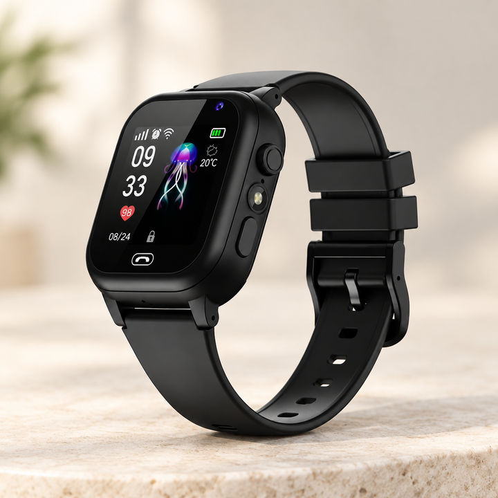 Black smartwatch standing on a pale stone surface with a softly blurred background 7