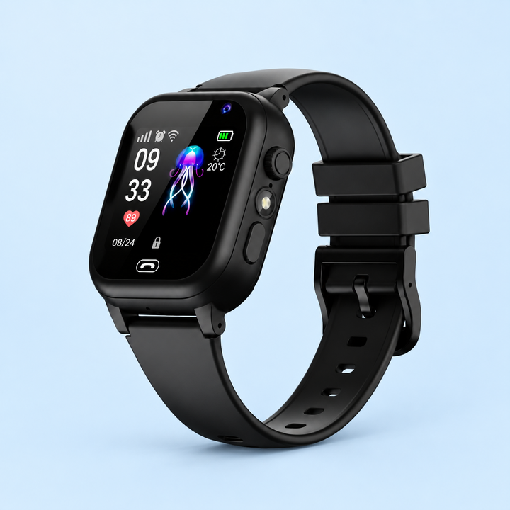 Black smartwatch with black strap on a pale blue background, angled studio shot of the screen 7
