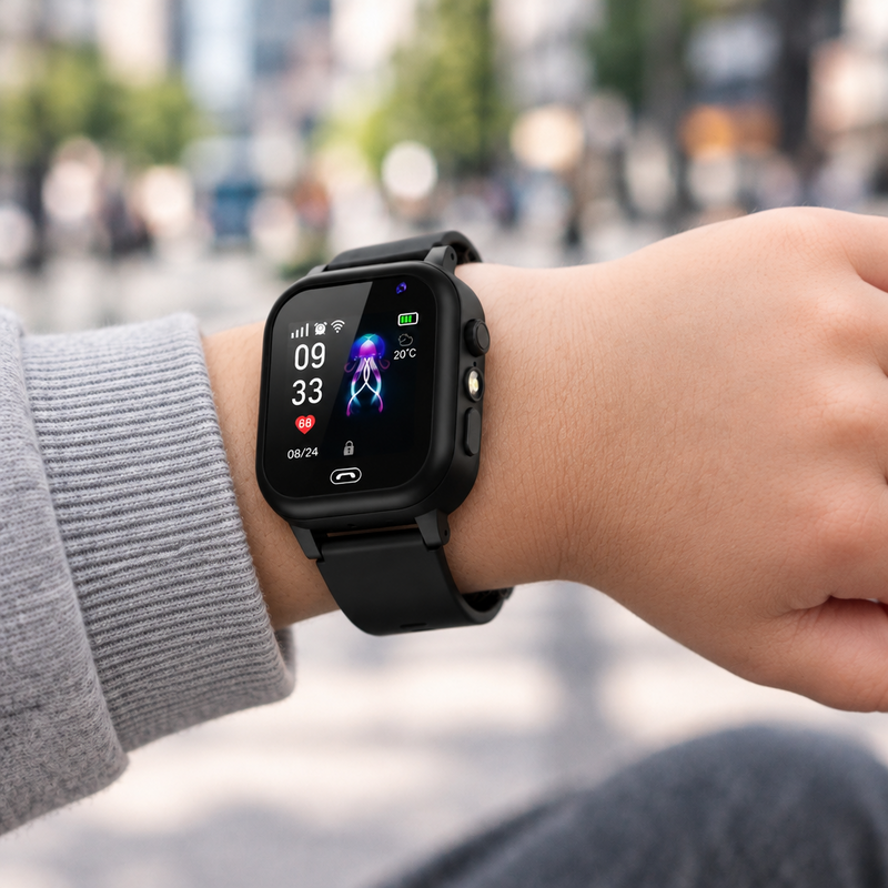 Black smartwatch with jellyfish watch face worn on a child's wrist, grey knitted sleeve, blurred street behind 1