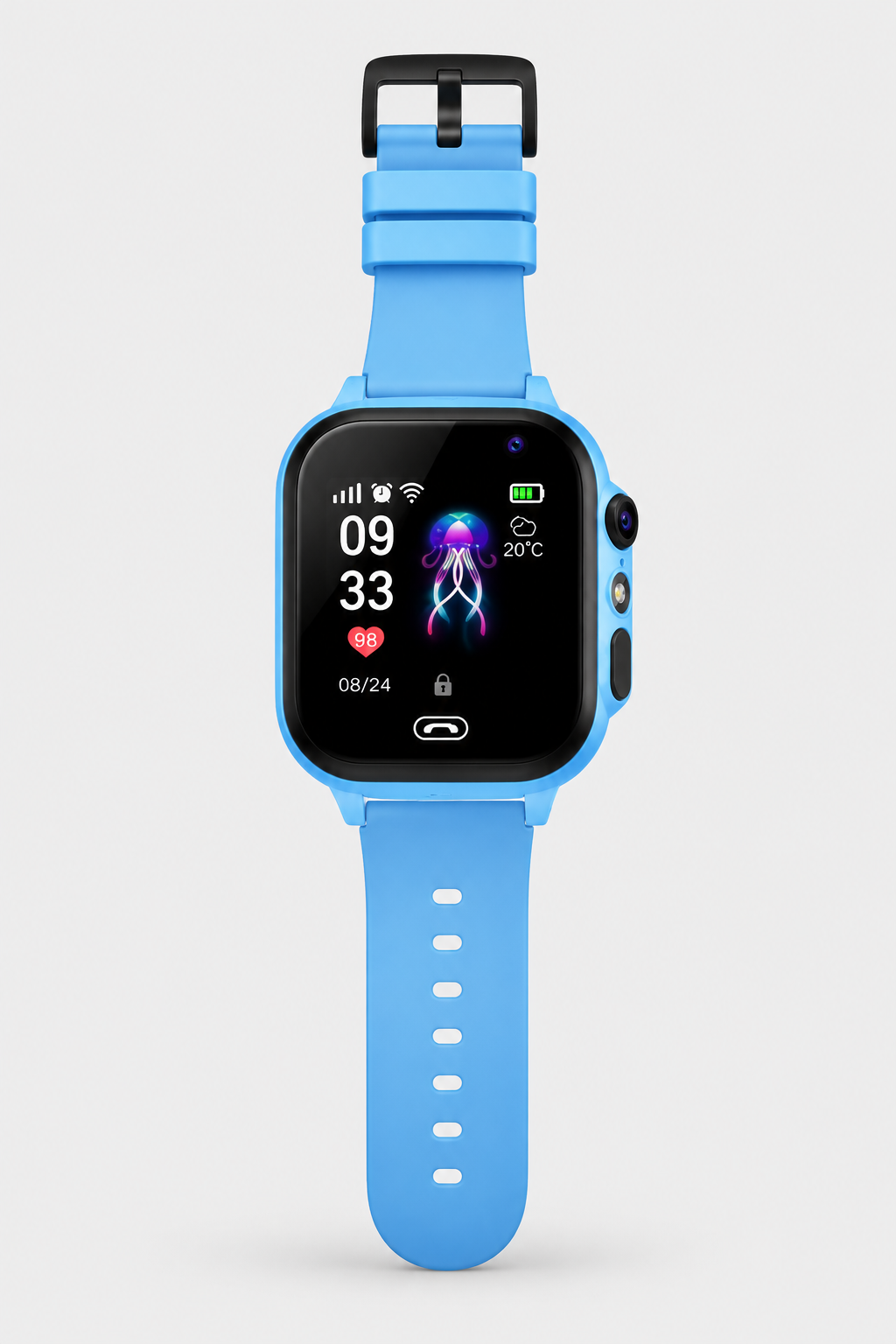 Blue smartwatch laid flat, front view showing side camera lens, flashlight, black buckle and strap holes 9