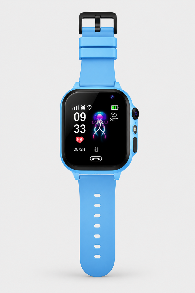 Blue smartwatch laid flat, front view showing side camera lens, flashlight, black buckle and strap holes 9