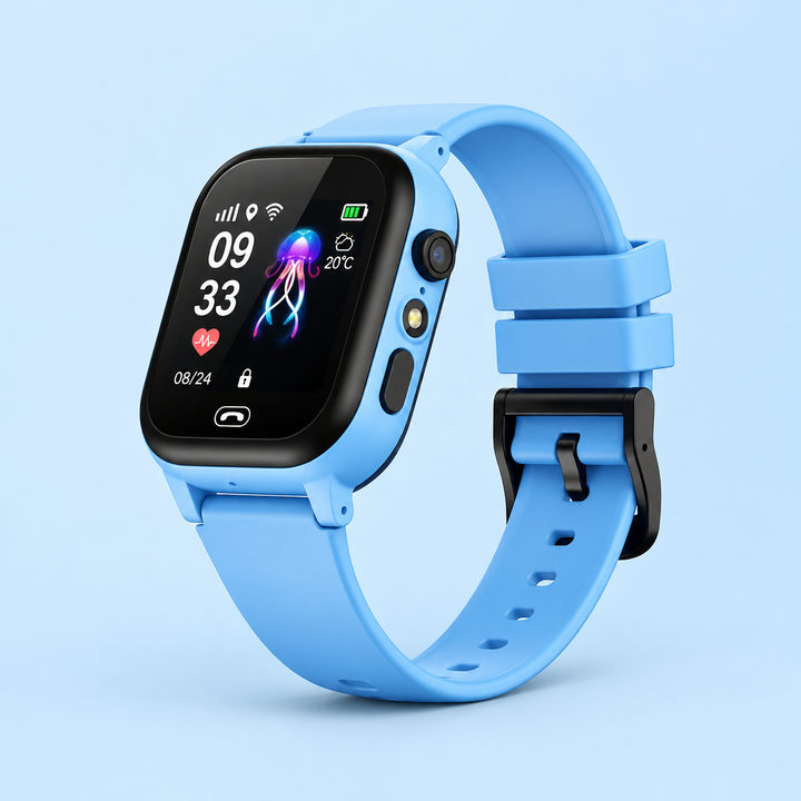 Blue smartwatch with black bezel and buckle on a pale blue background, showing side camera lens 9