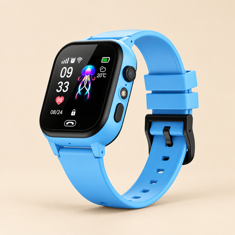 Blue smartwatch with black bezel and jellyfish watch face, shown on a plain cream backdrop 1