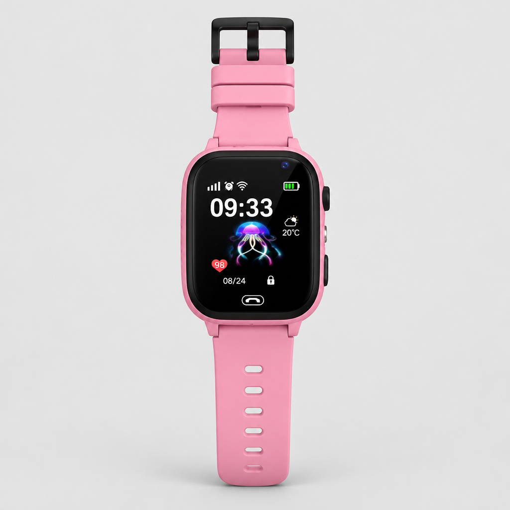 Pink smartwatch laid flat, front view with black buckle at the top and jellyfish watch face 8