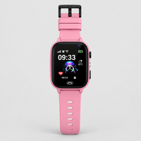 Pink smartwatch laid flat, front view with black buckle at the top and jellyfish watch face 8
