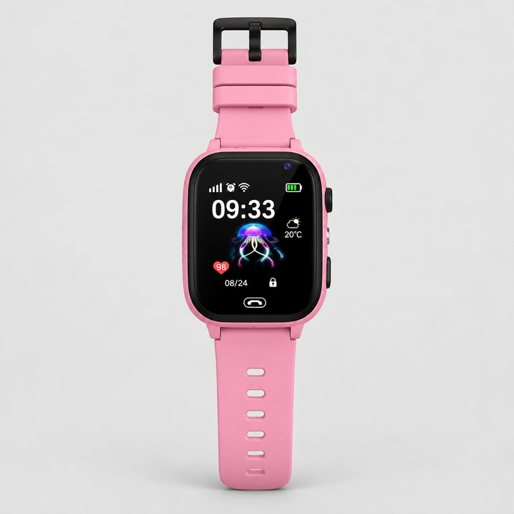 Pink smartwatch laid flat, front view with black buckle at the top and jellyfish watch face 8