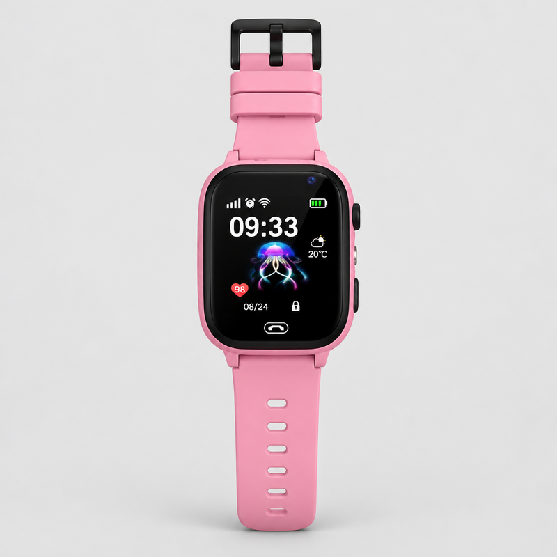 Pink smartwatch laid flat, front view with black buckle at the top and jellyfish watch face 8