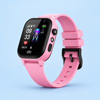 Pink smartwatch with black bezel and buckle on a pale blue background, showing the camera button 8