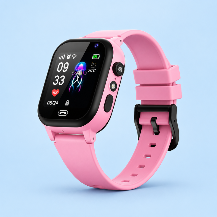 Pink smartwatch with black bezel and buckle on a pale blue background, showing the camera button 8