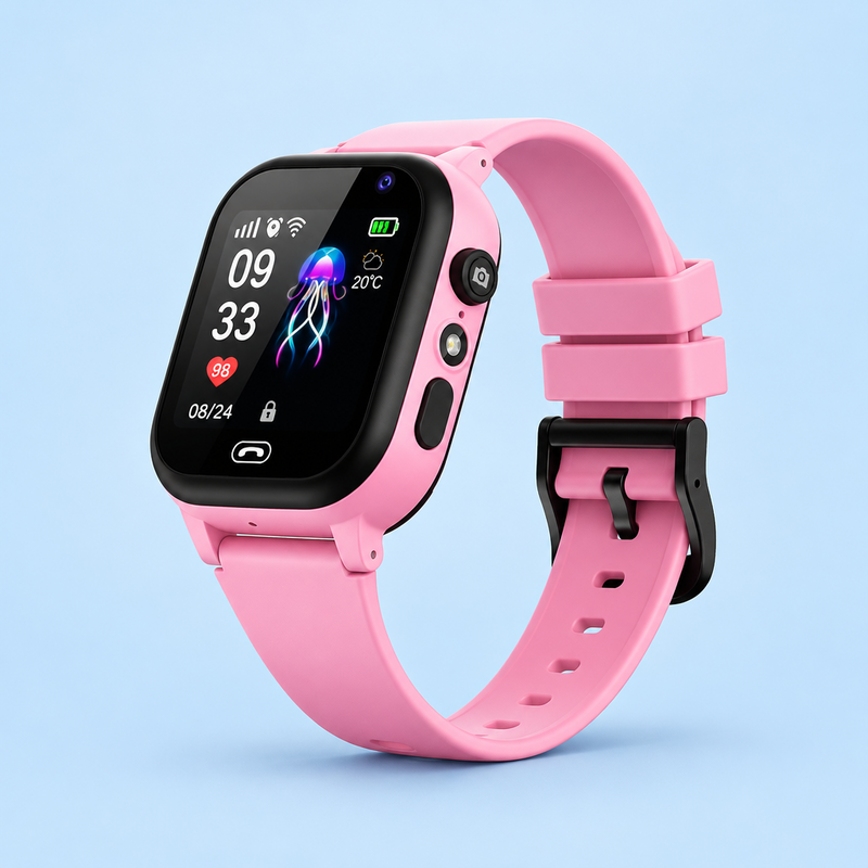 Pink smartwatch with black bezel and buckle on a pale blue background, showing the camera button 8