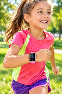 Smiling girl in a bright pink sports top runs through a sunny park wearing the pink smartwatch 1