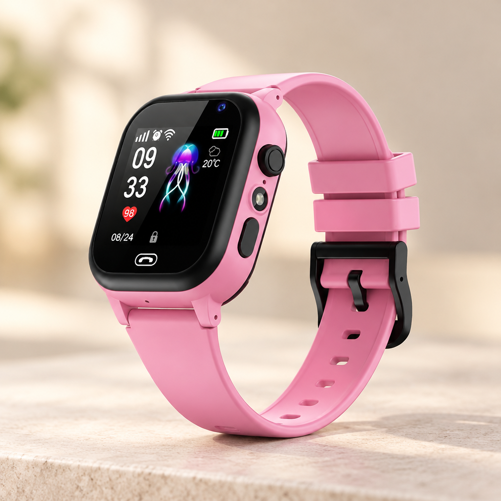 Pink smartwatch with black bezel resting on a pale stone ledge in soft focus 9