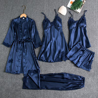 5-Piece Satin Sleep Set with Lace for Women – Liora-Dark blue-M-State of Style