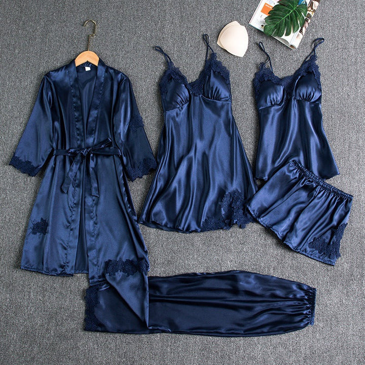 5-Piece Satin Sleep Set with Lace for Women – Liora-Dark blue-M-State of Style