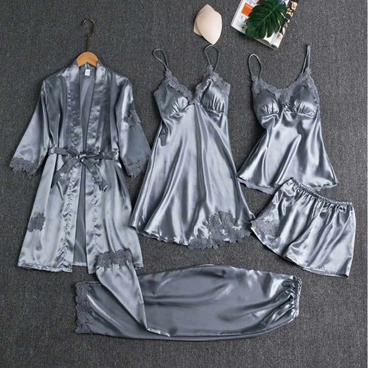 5-Piece Satin Sleep Set with Lace for Women – Liora-Light blue-M-State of Style
