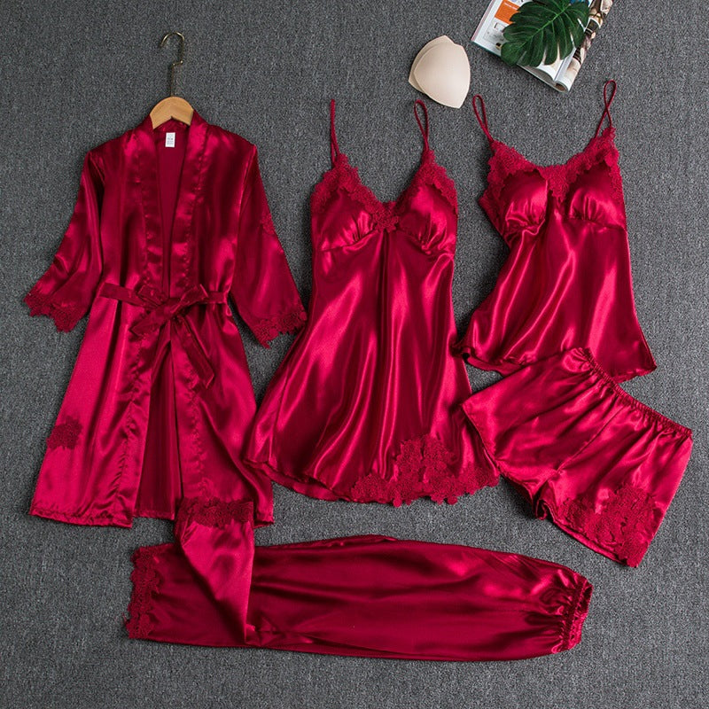 5-Piece Satin Sleep Set with Lace for Women – Liora-Red-M-State of Style