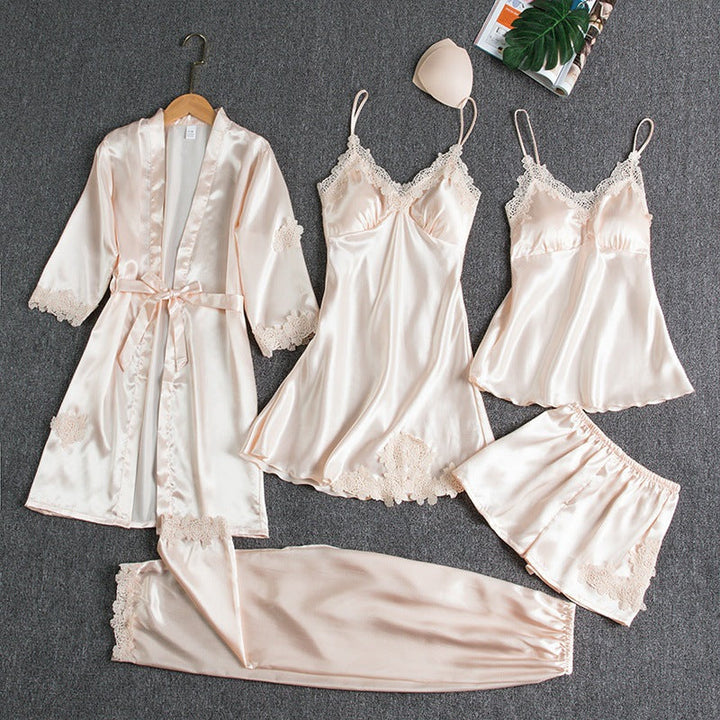 5-Piece Satin Sleep Set with Lace for Women – Liora-White-M-State of Style