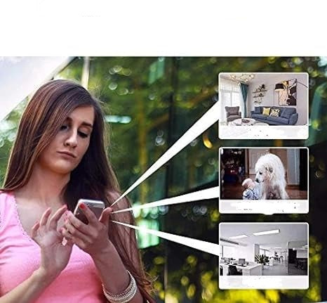 Woman checking her phone, with lines linking it to live views of a lounge, a pet with a baby, and an office 8
