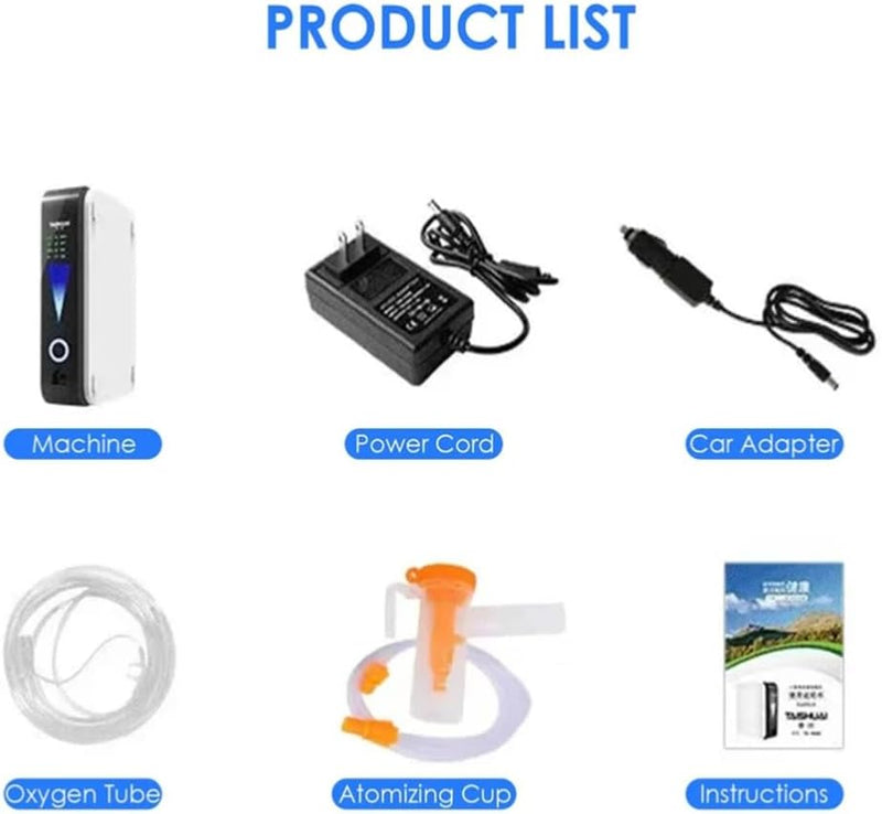 Contents layout showing the unit, mains power cord, car adapter, oxygen tube, nebuliser cup and instruction booklet 3