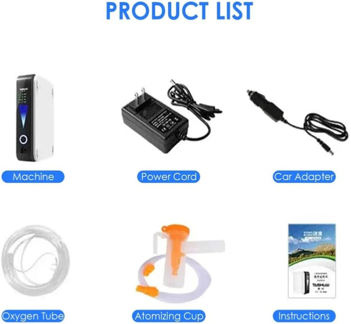 Flat lay of the included items: the unit, power adapter, car adapter, oxygen tube, nebuliser cup and manual 3