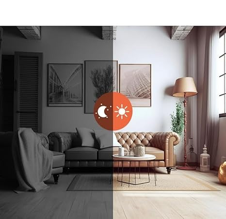 Living room split down the middle, dark greyscale night view on the left and bright daytime view on the right 5