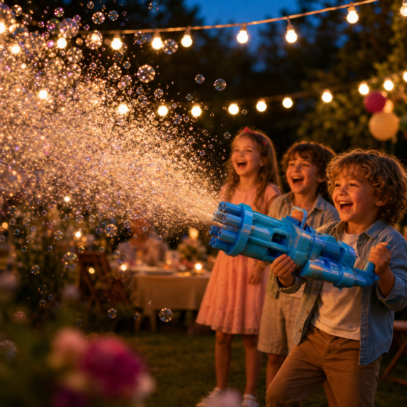 LED bubble blaster at a dusk garden party
