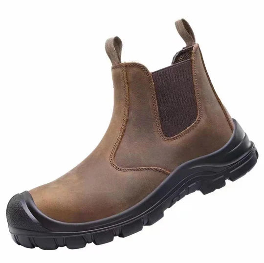 Single brown leather pull-on boot in side view, with black toe cap, chunky black sole and elastic panel 5