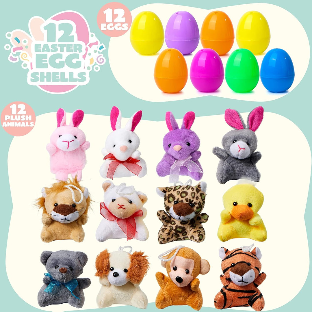 Plush Easter eggs containing mini animal toys for children – pack of 12 surprise eggs.