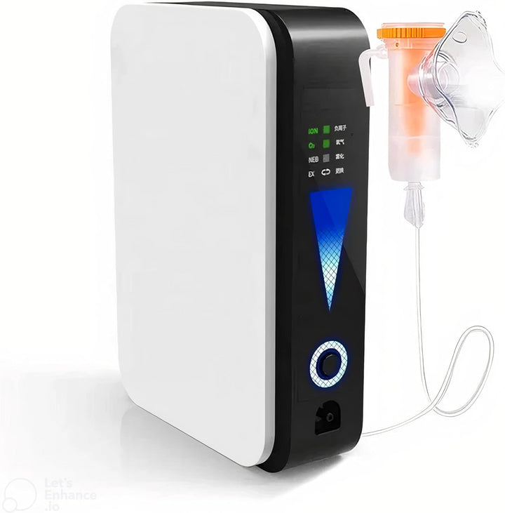 Slim white and black concentrator standing upright, with its glowing blue display, control ring and an orange nebuliser cup 2