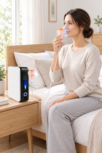 Woman in a cream jumper sits on a bed using the machine's mask, unit on bedside table 1