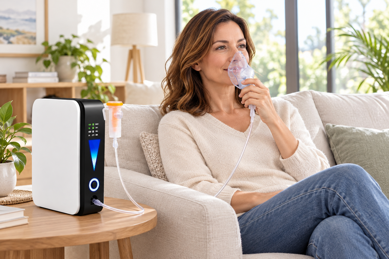 Woman relaxing on a sofa breathing through a clear nebuliser mask, with the white and black unit on a side table 1