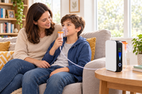 Boy on a sofa breathes through a nebuliser mask connected to the slim concentrator on a side table, his mother smiling 1