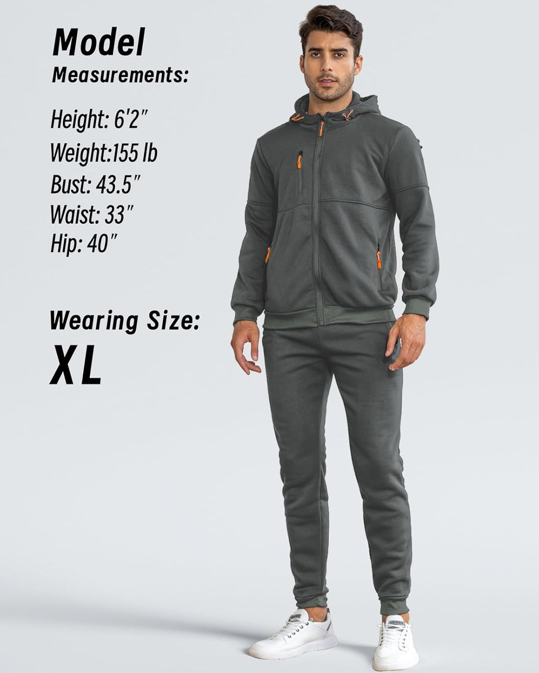 Model wearing the dark grey hooded jacket and joggers, front view, with model measurements and size shown alongside 8