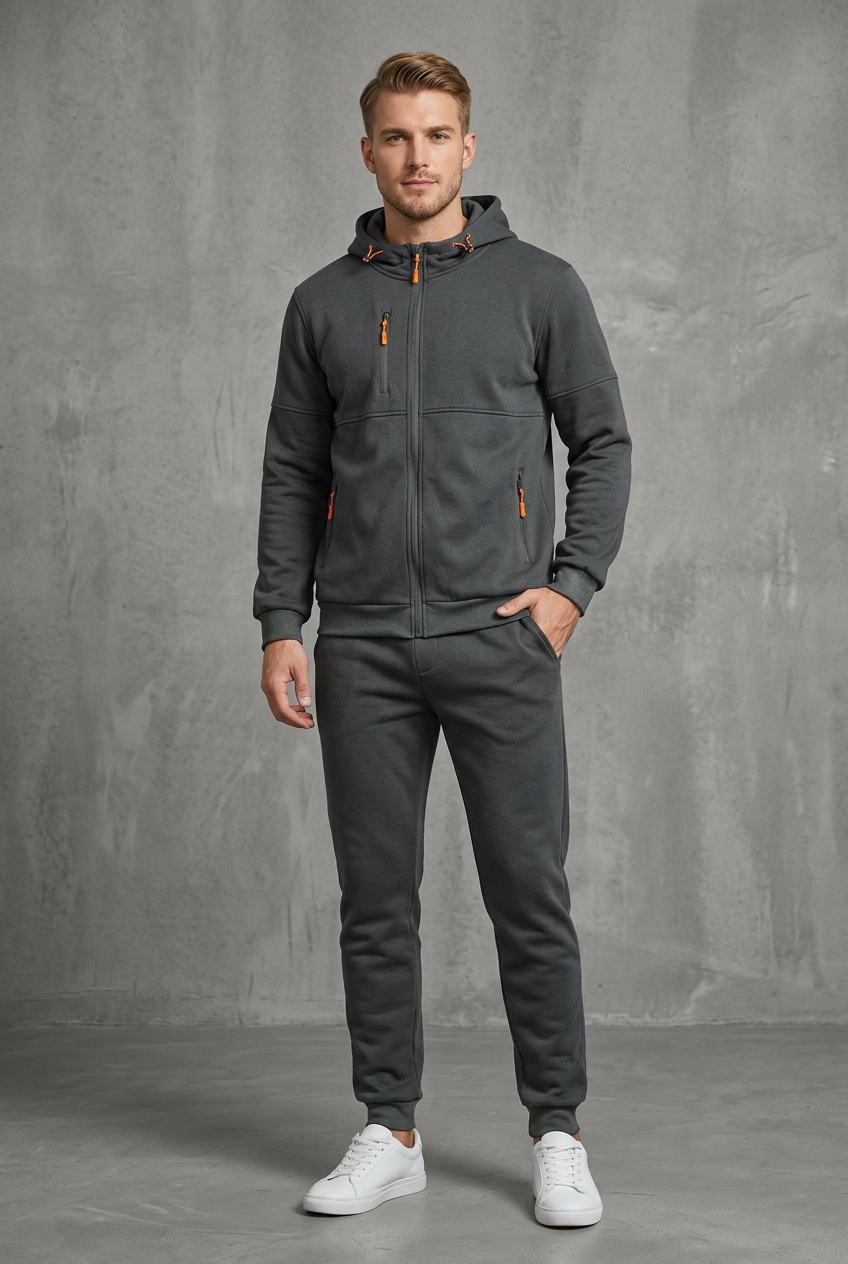 Front view of the dark grey zip-up hoodie and joggers with orange zip pulls, worn by a model 4