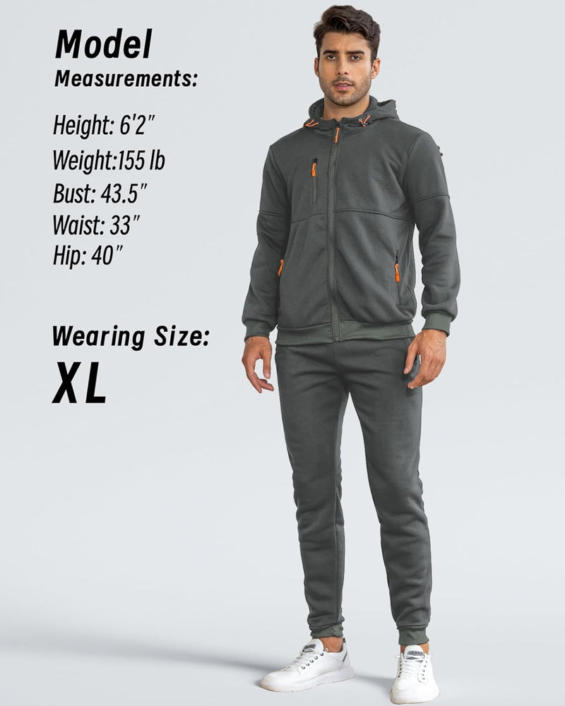 Model wearing the grey tracksuit in size XL, with height and body measurements listed beside him 9