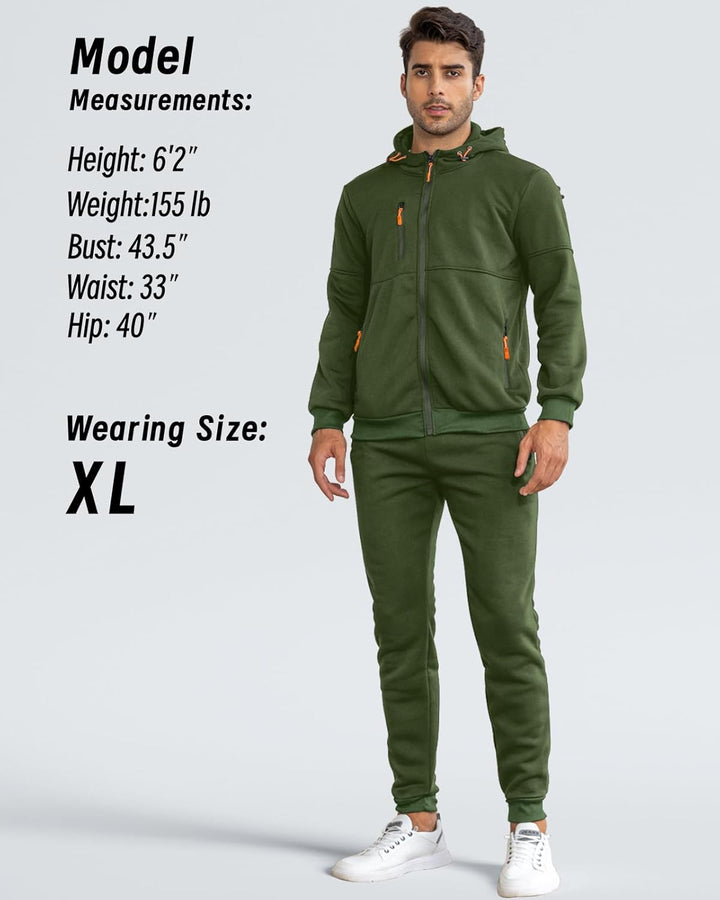 Model wearing the green hooded jacket and joggers, front view, with model measurements and size shown alongside 14