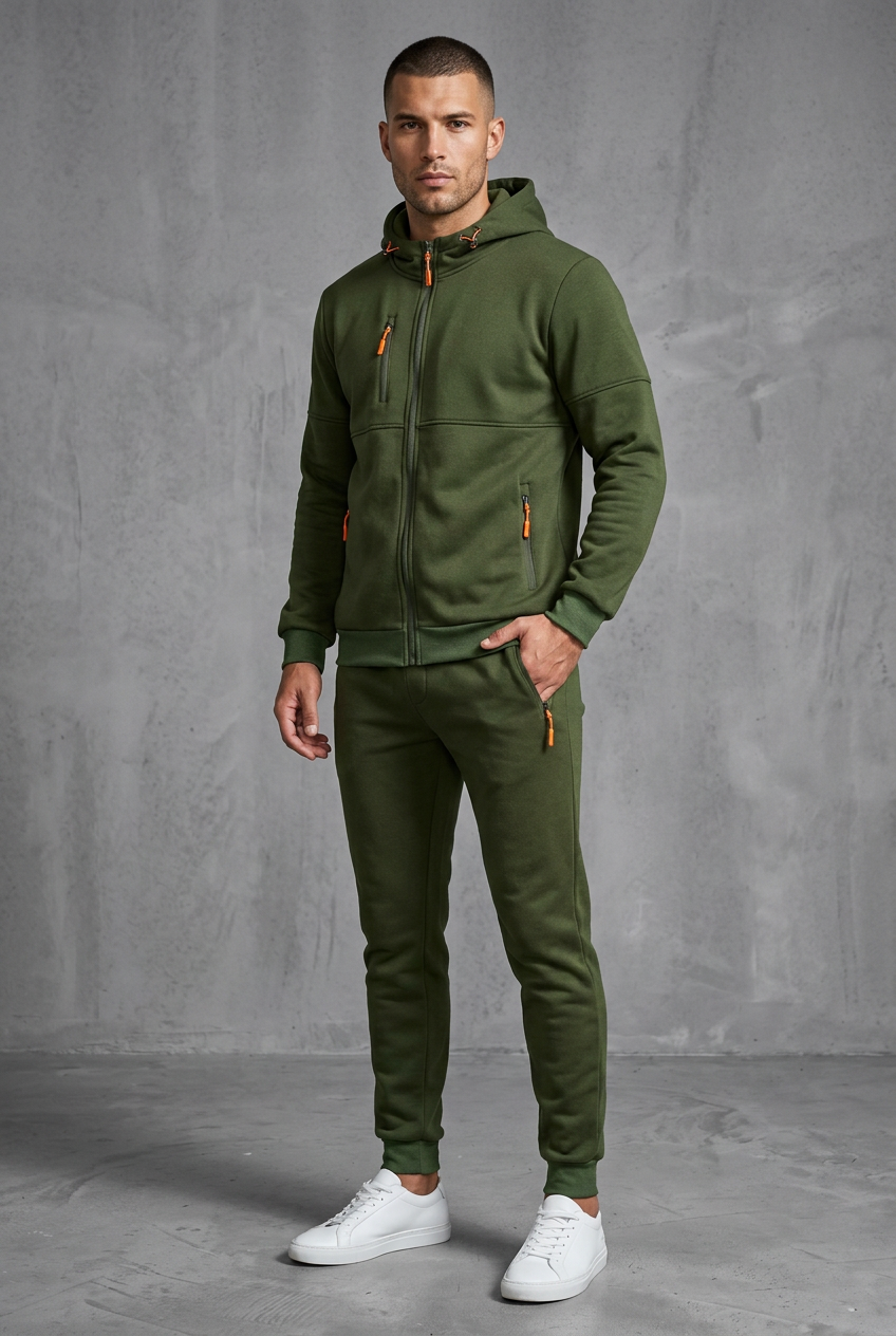 Olive green hooded zip tracksuit with orange zip pulls, worn by a model, front view, hand in pocket 6