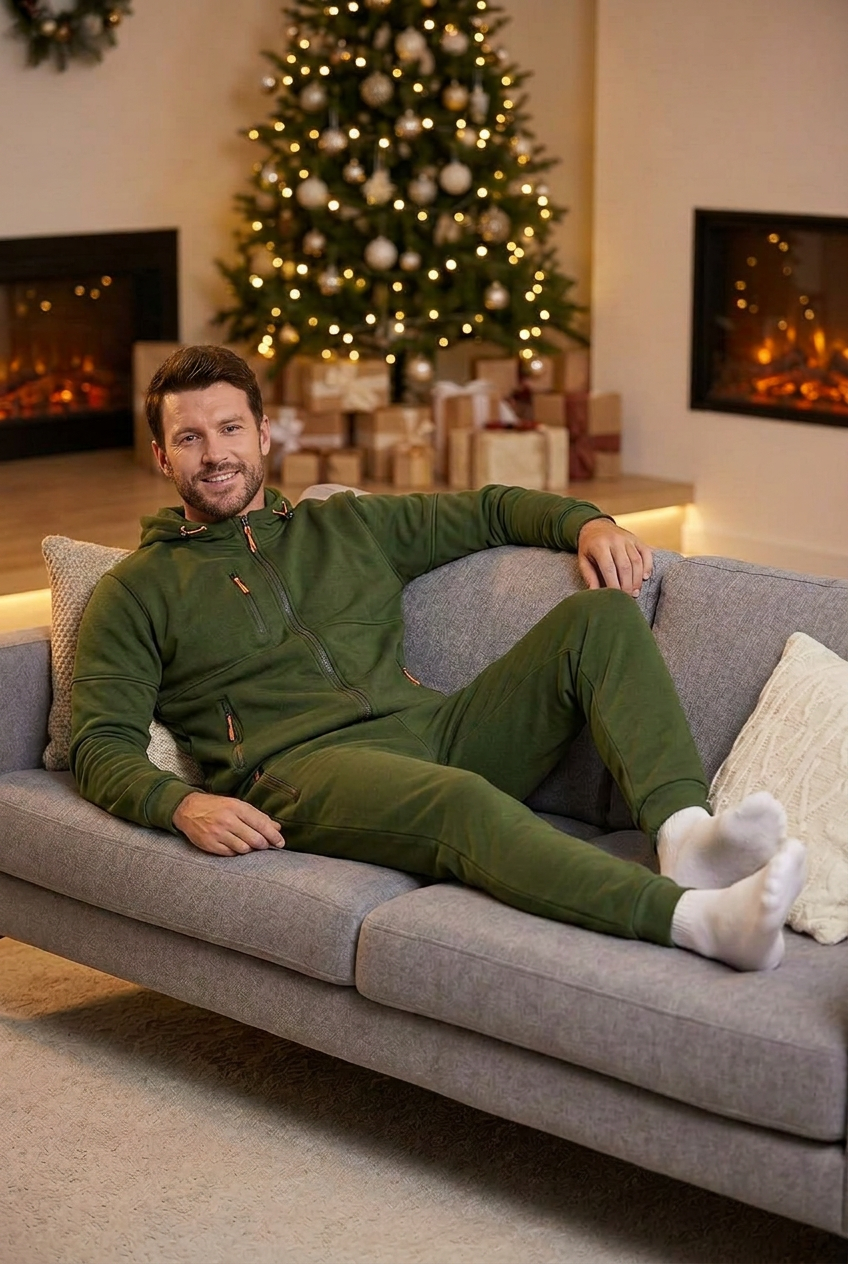 Smiling man relaxing on a grey sofa in a green hoodie and joggers, Christmas tree behind 1