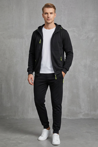 Front view of the black zip-up hoodie and joggers with neon yellow zips, worn open over a white tee 8