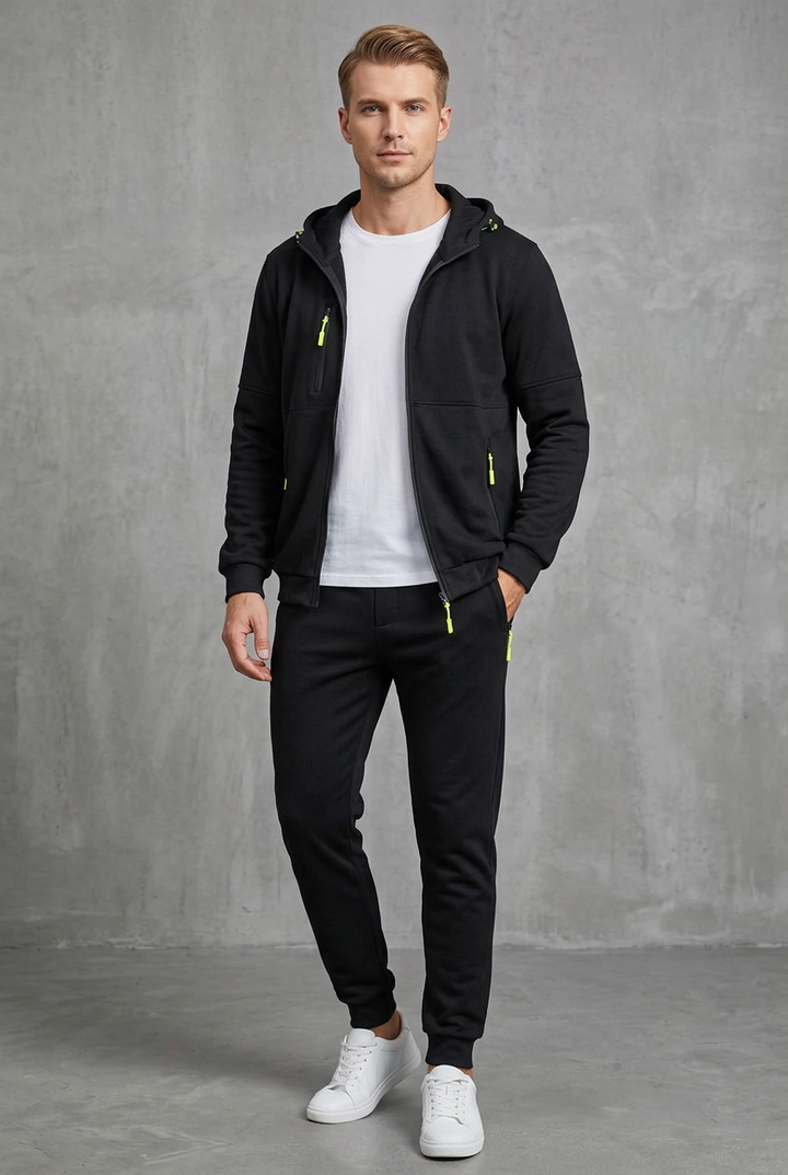 Front view of the black zip-up hoodie and joggers with neon yellow zips, worn open over a white tee 8