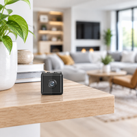 Small black cube camera on a light wooden shelf edge, facing a bright living room 1