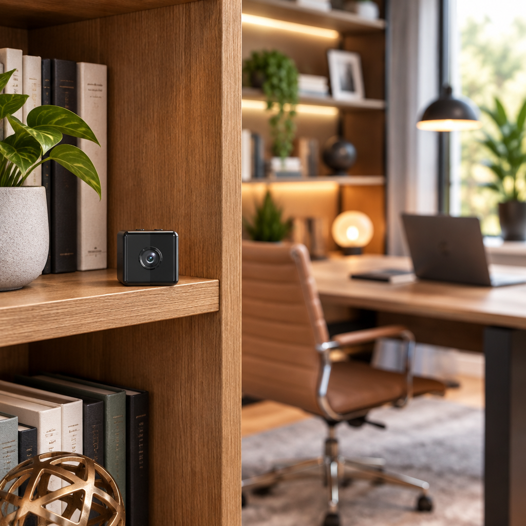 Small black cube camera sitting on a wooden bookshelf beside books and a plant in a home office 1