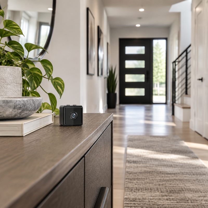 Small black cube camera sitting on a wooden sideboard in a bright hallway 1