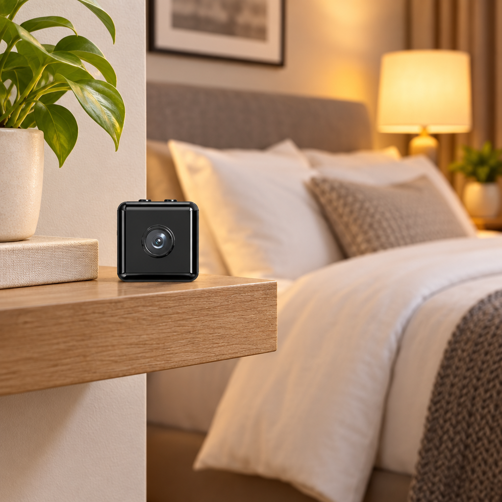 Small black cube camera on a wooden bedside shelf in a warmly lit bedroom 1
